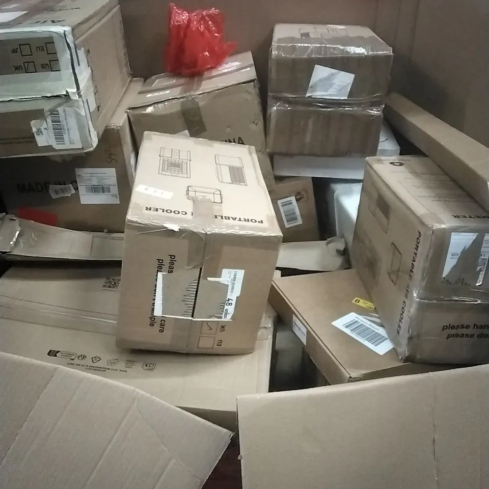 A PALLET CONTAINING ASSORTED HOUSEHOLD GOODS AND PRODUCTS TO INCLUDE; AIR COOLER, PORTABLE AIR COOLERS, BOXED FURNITURE ETC