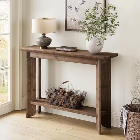 BOXED TRIBESIGNS SOLID WOOD CONSOLE TABLE 105 CM 2-TIER ENTRYWAY TABLE OPEN STORAGE DARK WALNUT BACK