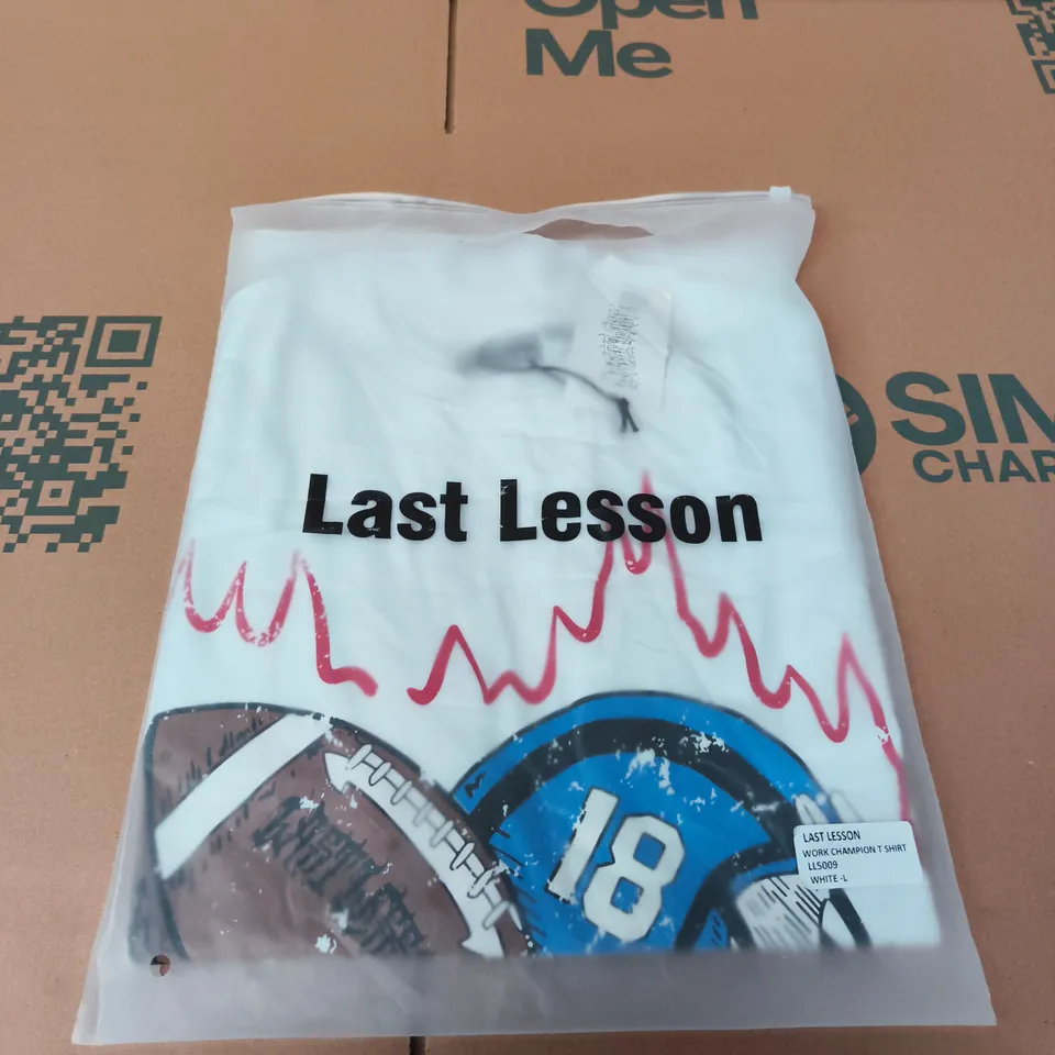 LAST LESSON WORK CHAMPION T-SHIRT – WHITE – UK L