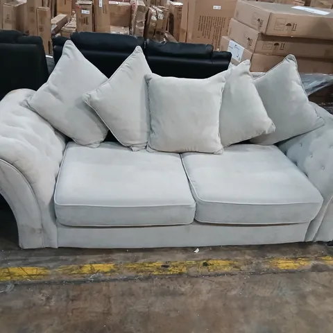 DESIGNER BEIGE FABRIC SCROLL ARM THREE SEATER SOFA WITH SCATTER CUSHIONS AND BUTTON DETAIL