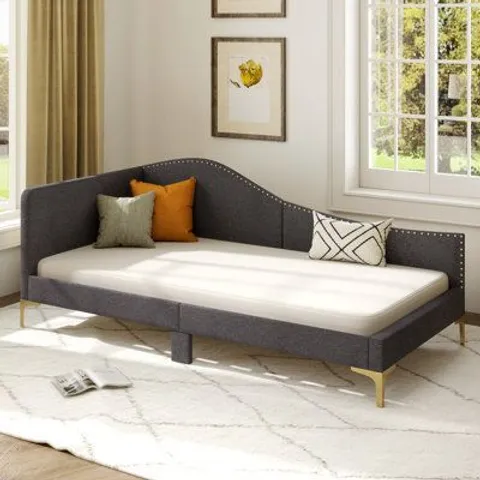 BOXED SINGLE SIZE UPHOLSTERED DAYBED RIVET-TUFTED PLATFORM BED WITH METAL LEGS - GREY