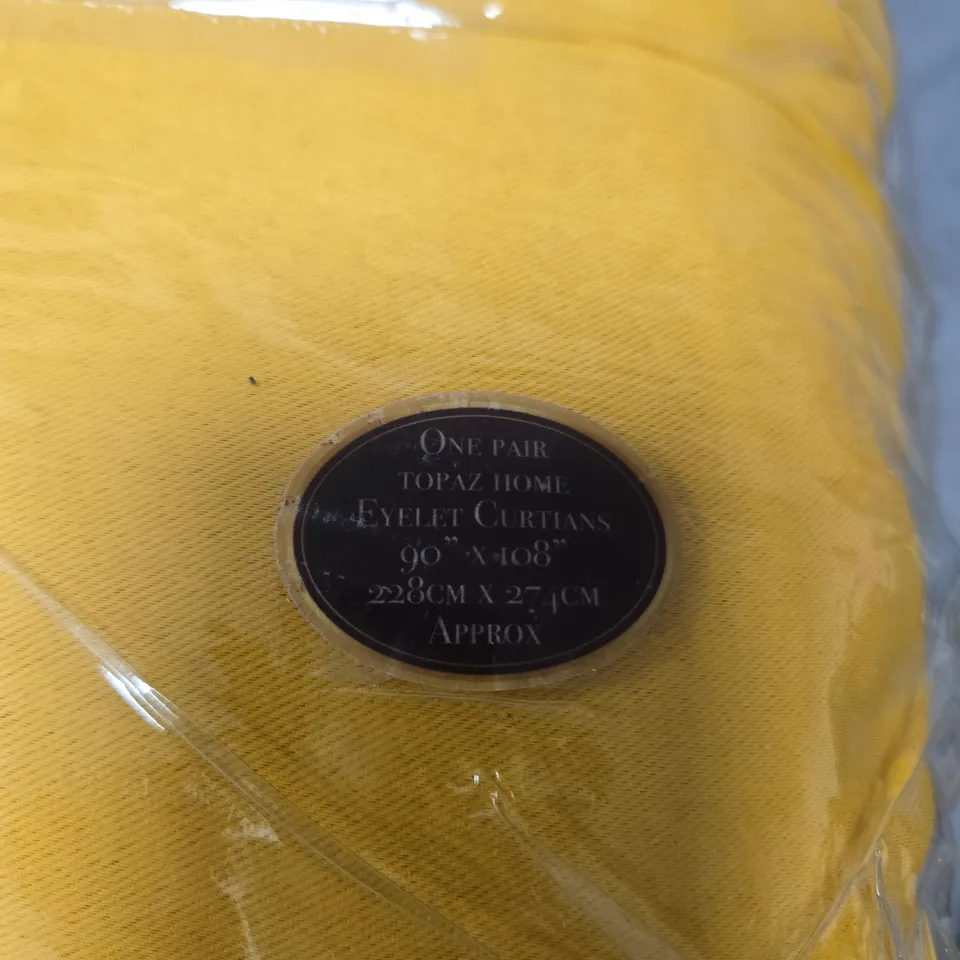 TOPAZ HOME EYELET CURTAINS IN GOLD – SILKY FEEL BLACKOUT, READY MADE, ONE PAIR, 90 X 108 IN (228 X 274 CM)