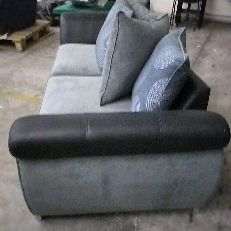 DESIGNER DANUBE GREY FABRIC AND BLACK SUEDE EFFECT THREE SEATER SOFA