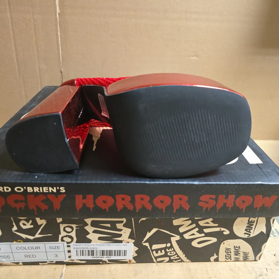 BOXED PAIR OF KOI X ROCKY HORROR SHOW REGULAR FRANKIE FAN FISHNET PLATFORM HEELS - RED, UK 3