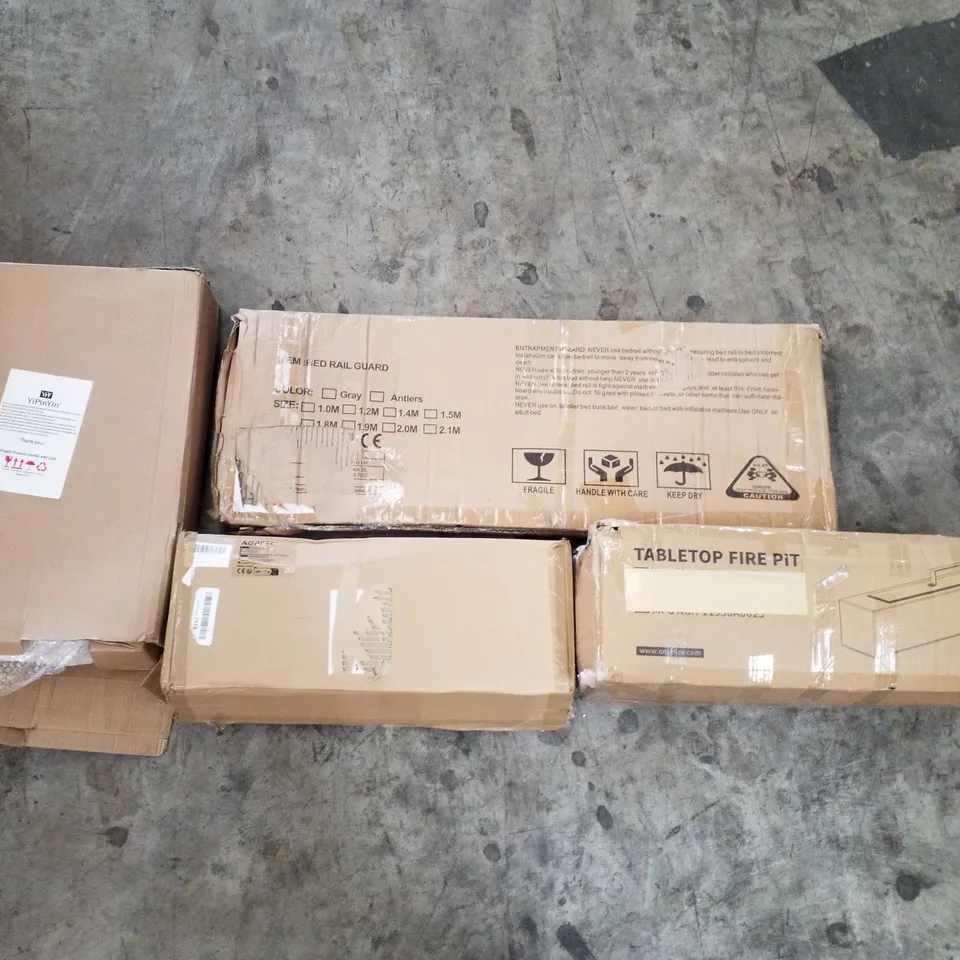 PALLET OF ASSORTED PRODUCTS INCLUDING TABLETOP FIRE PIT, PHOTO FRAMES, BED RAIL GUARD, WINDOW SEAL, OFFICE CHAIR