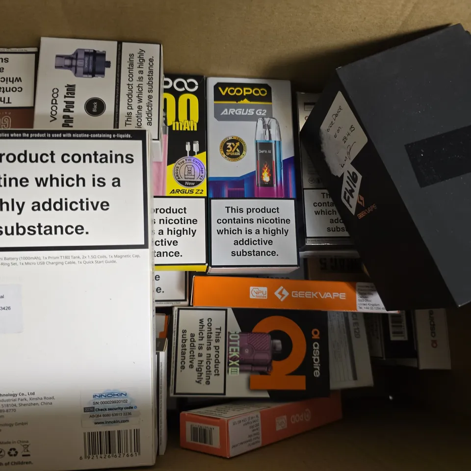 BOX OF APPROXIMATELY 20 ASSORTED E-CIGARETTE AND VAPING PRODUCTS TO INCLUDE VAPORESSO, ASPIRE, ETC - COLLECTION ONLY