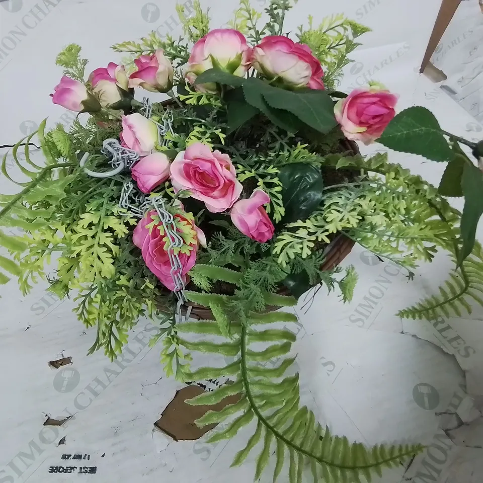 FAUX PINK ROSE HANGING BASKET