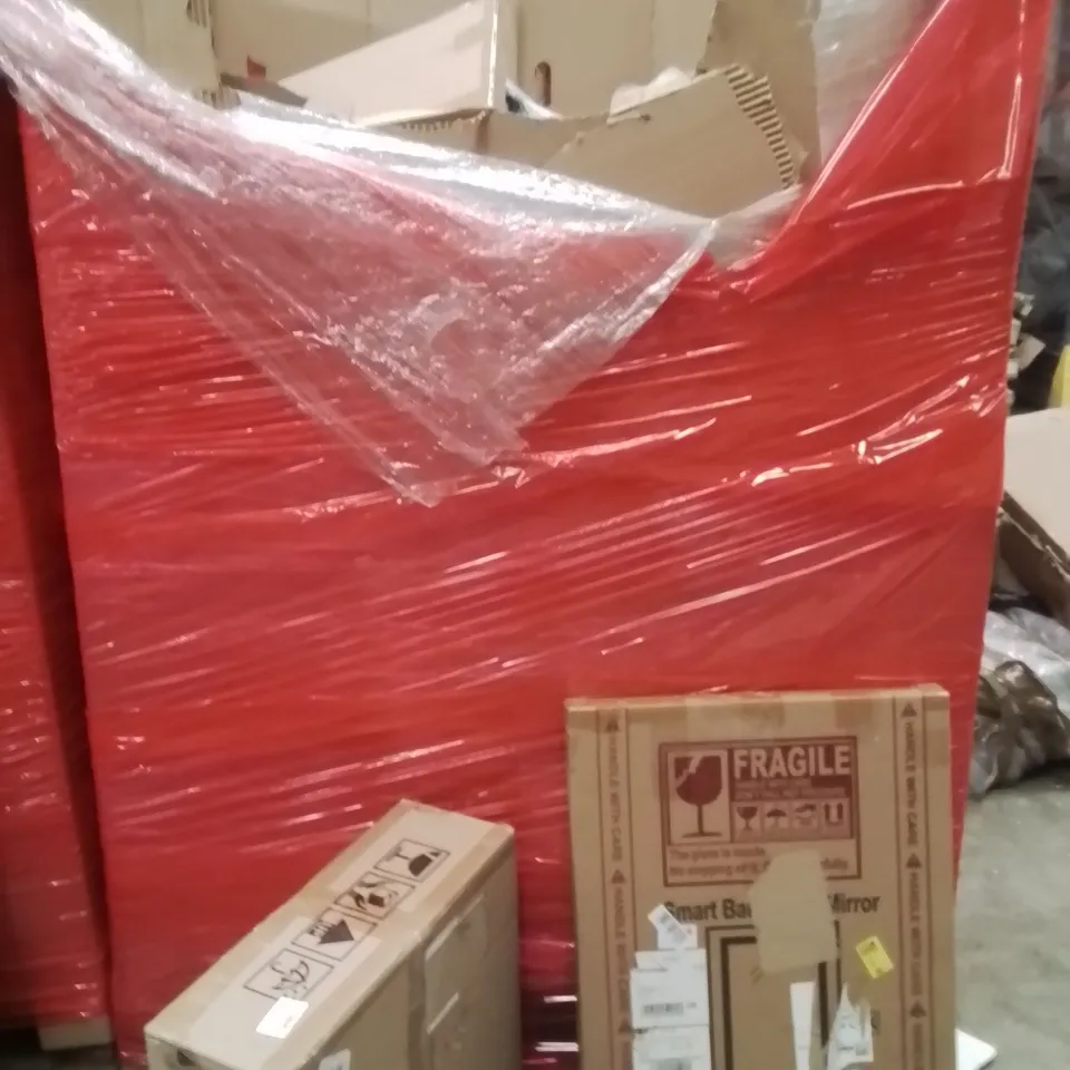 PALLET OF ASSORTED HOUSEHOLD GOODS AND PRODUCTS TO INCLUDE;SMART BATHROOM MIRROR,CEILING LIGHT WITH FAN