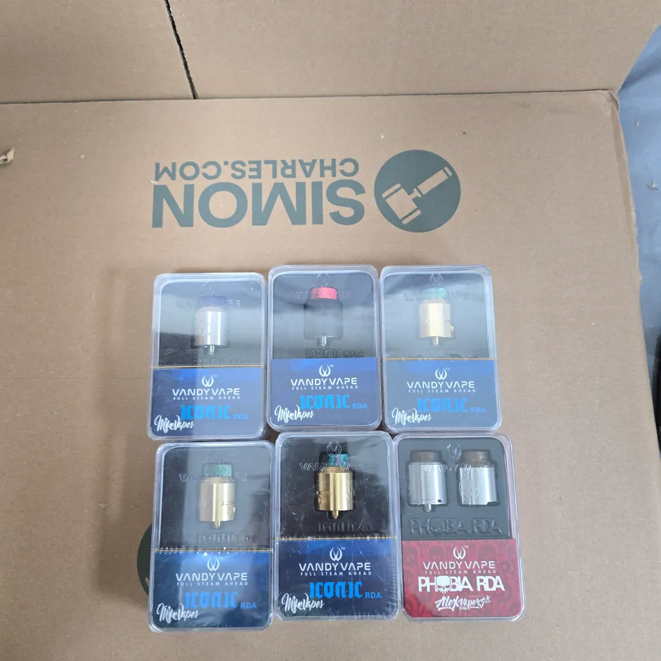 BOX OF APPROXIMATELY 40 ASSORTED E-CIGARETTES AND ACCOMPANIMENTS TO INCLUDE: VANDY VAPE PHOBIA RDA