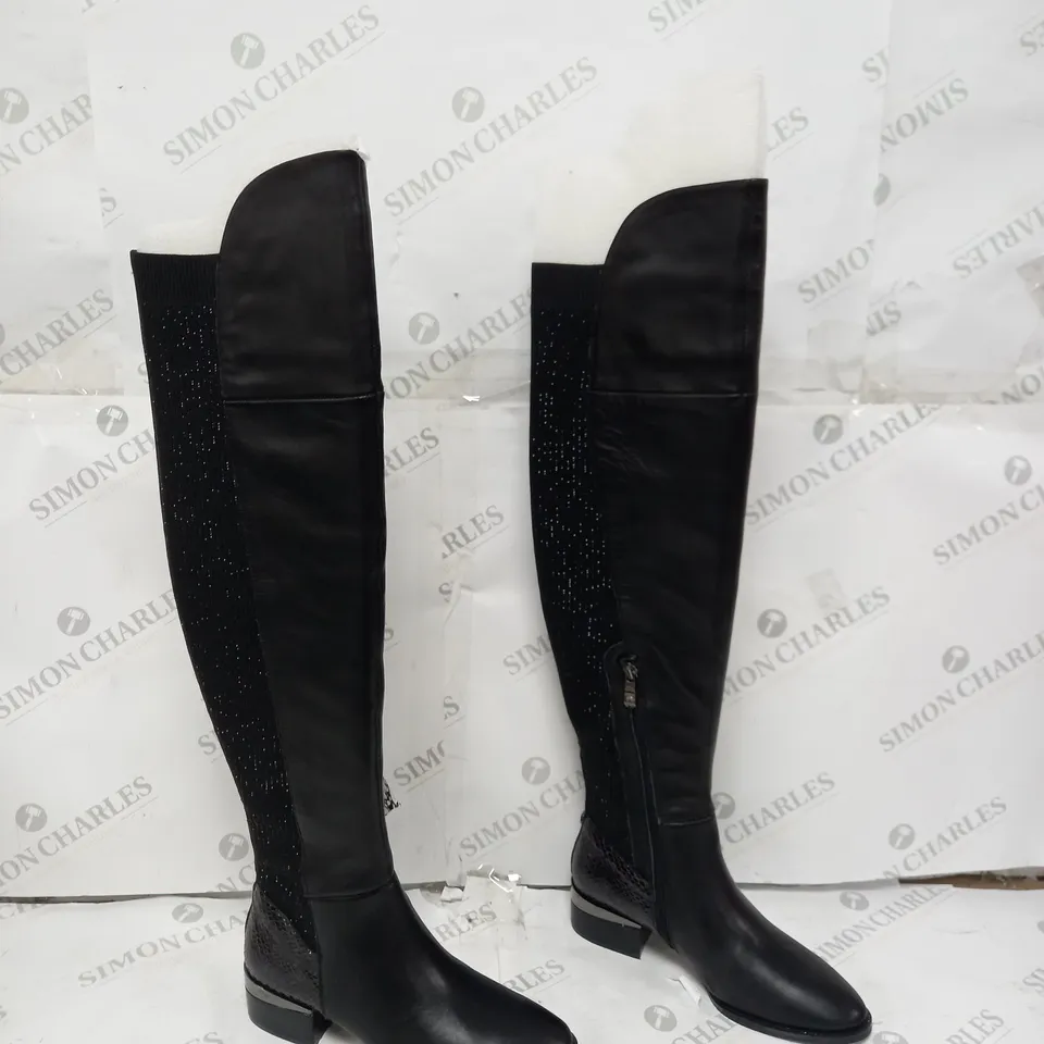 MODA IN PELLE ZARRA ELASTICATED OVER-THE-KNEE GLITZ ZIP BOOTS UK SIZE 3 - BOXED - BLACK LEATHER 