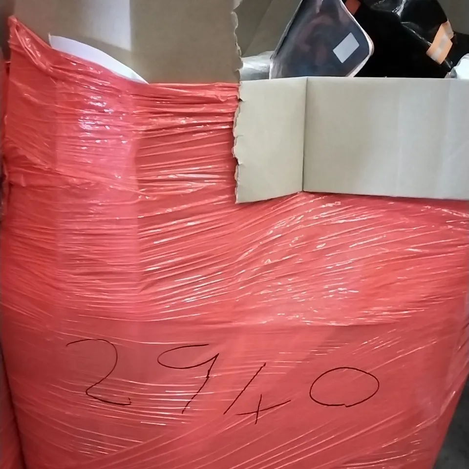 PALLET OF ASSORTED ITEMS INCLUDING GRAND PATIO PARASOL, ROUND MIRROR, PROBREEZE COMPRESSOR DEHUMIDIFIER, STOREMIC TOILET SEAT 