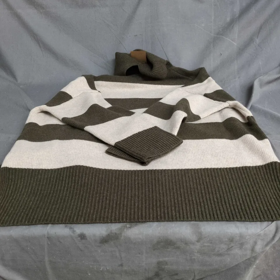 BODEN STRIPED KNIT JUMPER – OLIVE & CREAM, UK SIZE M 