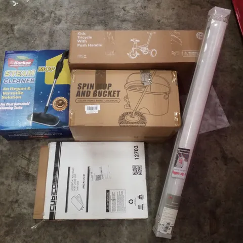 PALLET CONTAINING ASSORTED PRODUCTS INCLUDING STEAM MOP CLEANER, TOILET SEAT, SPIN MOP AND BUCKET, ROLLER BLIND & KIDS TRICYCLE