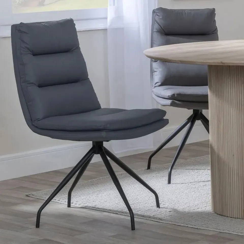 BOXED SET OF 2 DIEGO DINING CHAIRS - SWIVEL - GREY LEATHER - BLACK LEGS