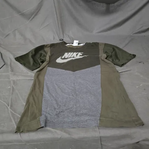 NIKE T-SHIRT COLOUR-BLOCK OLIVE & HEATHER GREY, XS (UK)