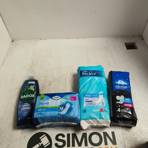 APPROXIMATELY 5 ASSORTED HEALTH AND BEAUTY PRODUCTS INCLUDING ALWAYS MAXI NIGHT, TESCO FREE SPIRIT MAXI TOWELS AND TENA DISCREET PADS