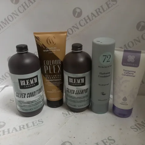 APPROXIMATELY 5 ASSORTED CONDITIONERS TO INCLUDE BLEACH LODNON SILVER CONDITIONER (500ml), HEALTHSPAN THICKENING CAAFFEINE CONDITIONER (200ml), 72 HYDRATING CONDITIONER (250ml), ETC