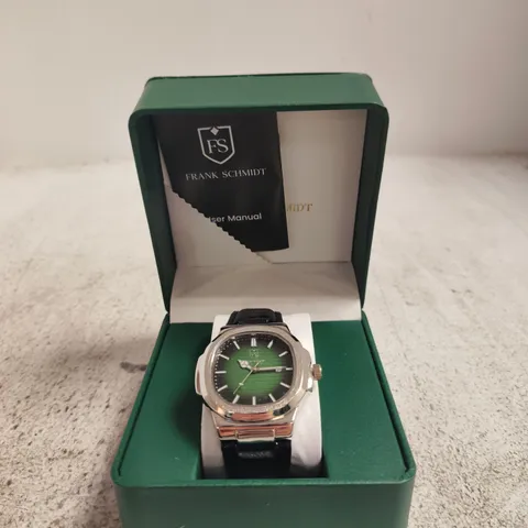 FRANK SCHMIDT FS WRISTWATCH – GREEN DIAL, STAINLESS STEEL CASE, BLACK LEATHER STRAP