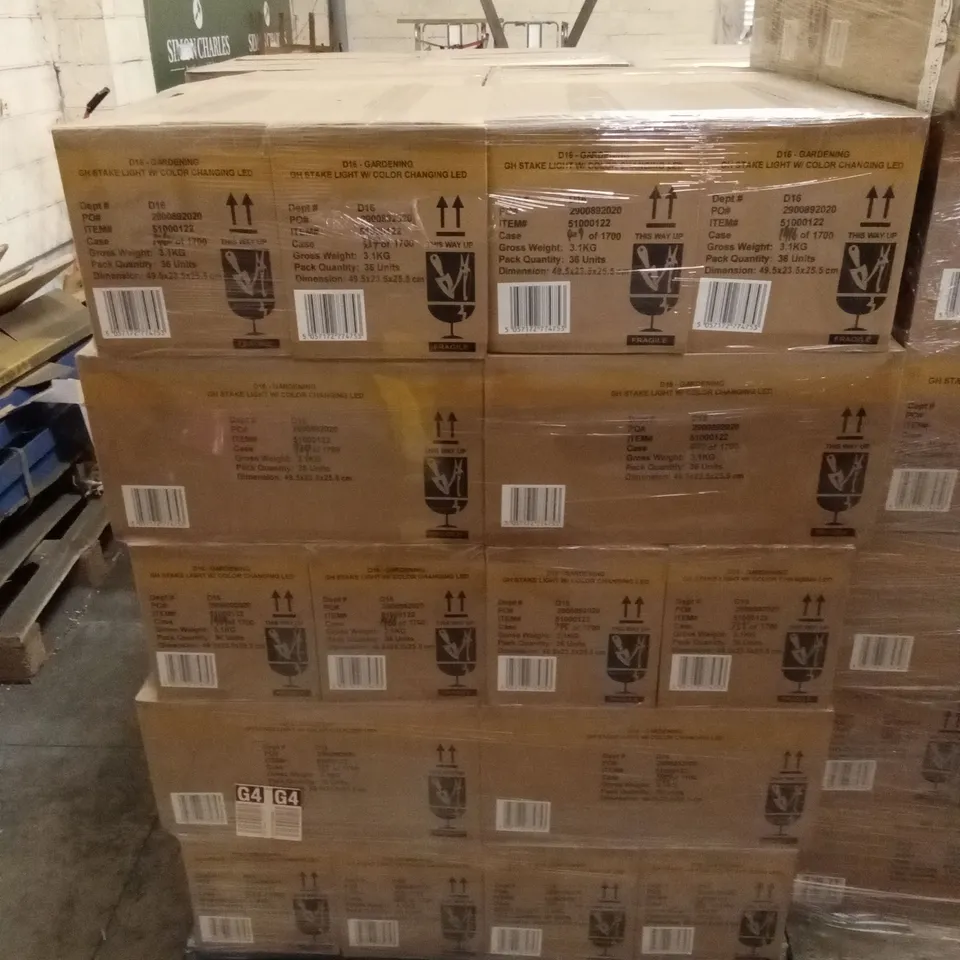 PALLET TO CONTAIN APPROXIMATELY 50 BOXES OF BRAND NEW GARDEN SOLAR STAKE LIGHTS - COLOUR CHANGING // 36 STAKE LIGHTS PER BOX