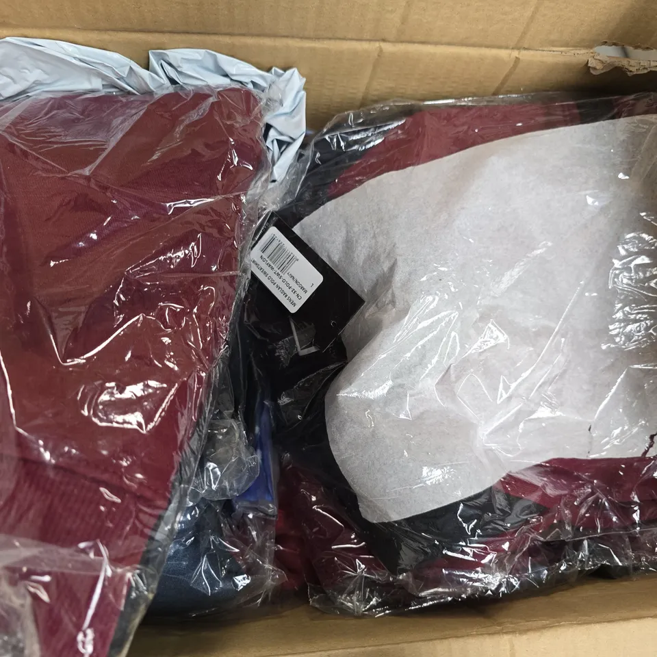 BOX OF APPROXIMATELY 40 ASSORTED CLOTHING ITEMS IN VARIOUS STYLES, SIZES, AND COLOURS