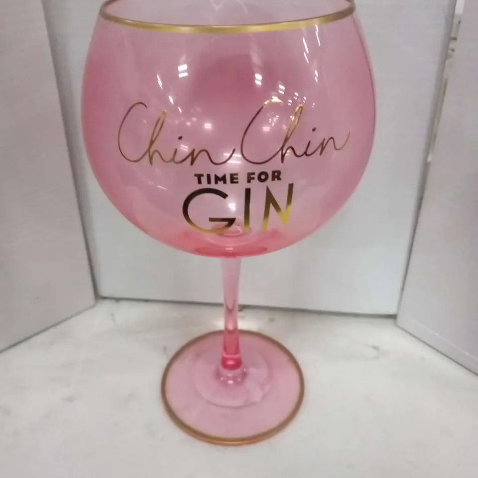 PALLET OF APPROXIMATELY 12 BOXES OF 24  BRAND NEW PINK 'CHIN CHIN TIME FOR GIN' GLASSES(APPROXIMATELY 288 GLASSES IN TOTAL)