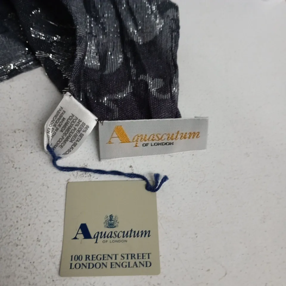 AQUASCUTUM SILK SQUARE SCARF – BLACK/CHARCOAL WITH METALLIC PATTERN