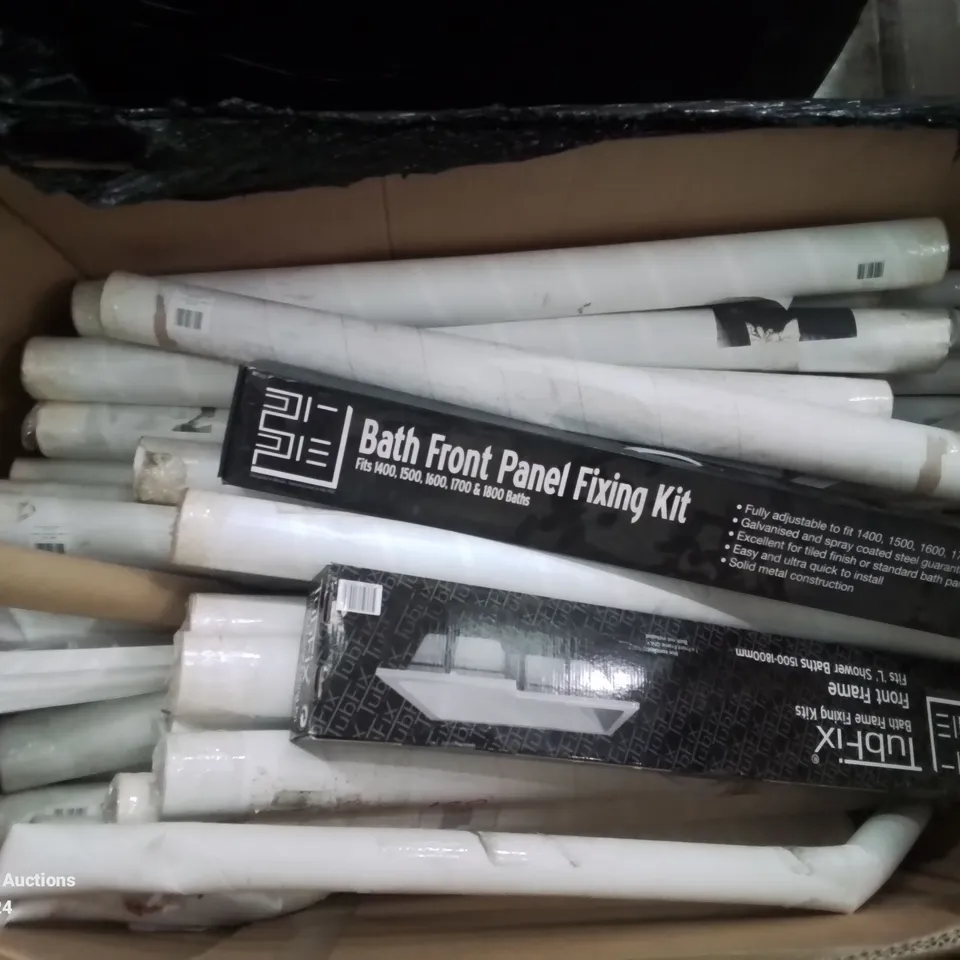 PALLET OF VARIOUS ELECTRICAL AND PLUMBING PARTS AND FITTINGS TO INCLUDE: BATH PANEL FIXING KITS AND STAINLESS STEEL EDGING ETC.