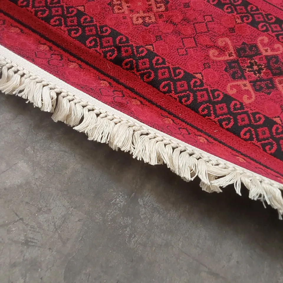 EVRIM AFGHAN HOOKED WINE RED/BLACK RUG // SIZE: 240 X 330cm