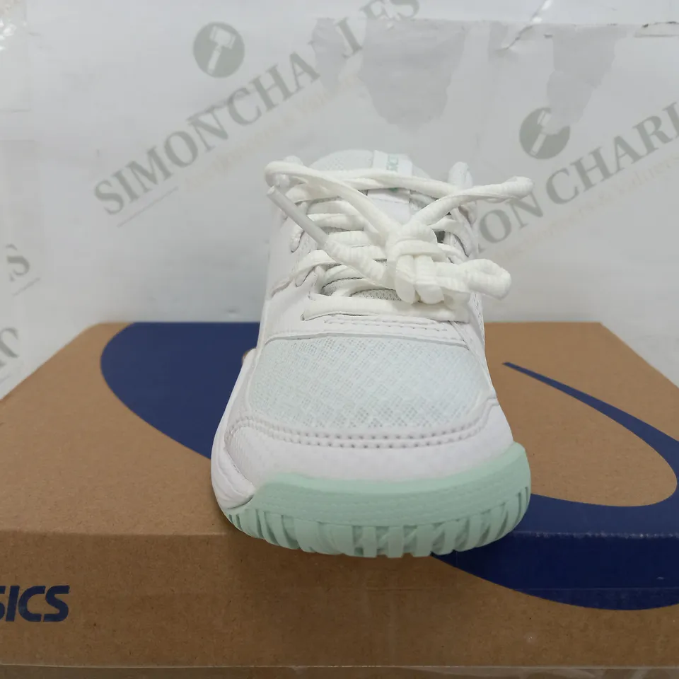 BOXED PAIR OF ASICS WHITE TRAINERS WITH WASHED LIME - UK KIDS 13