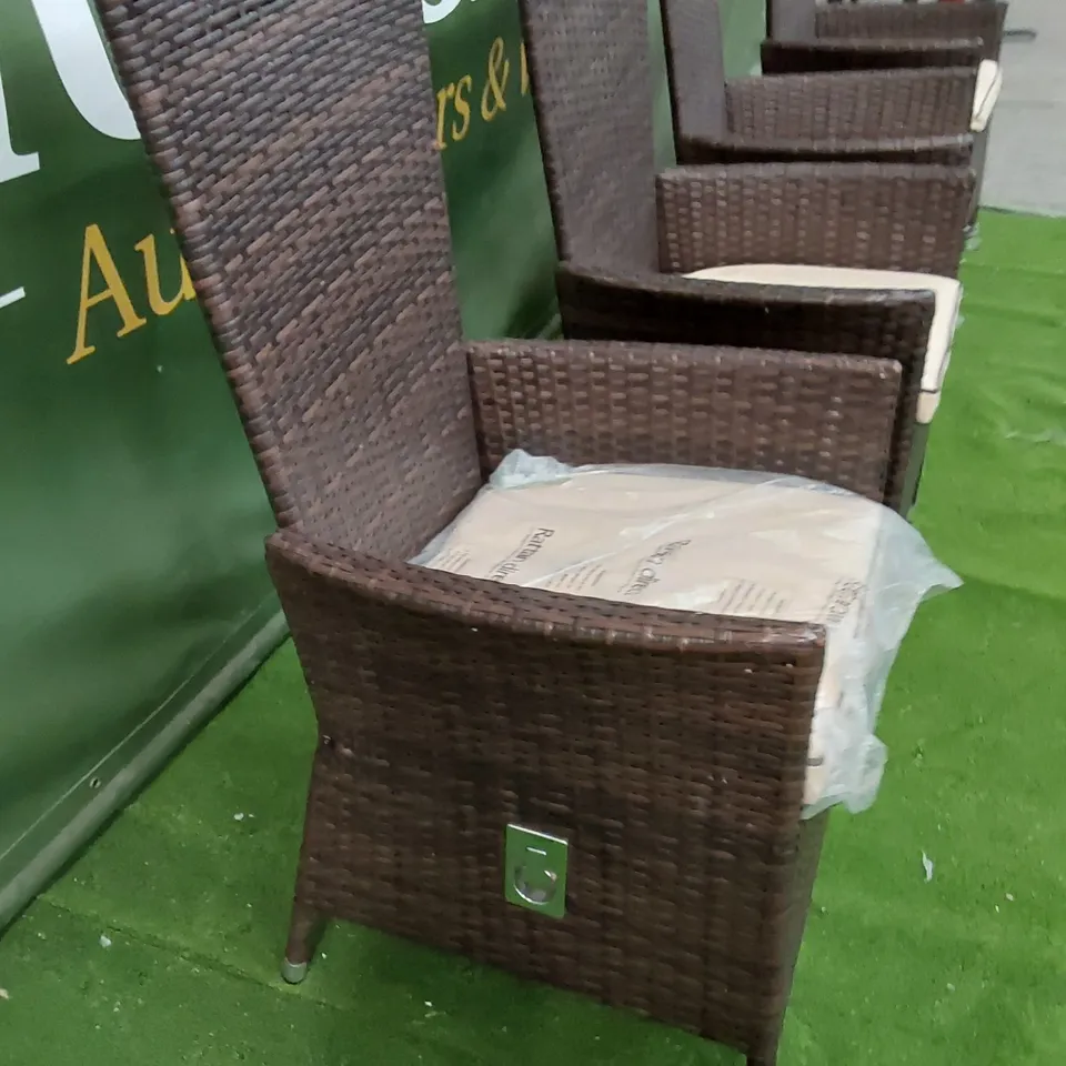 4 X DESIGNER MANUAL RECLINER GARDEN CHAIRS IN CHOCOLATE MIX RATTAN WITH CUSHIONS 