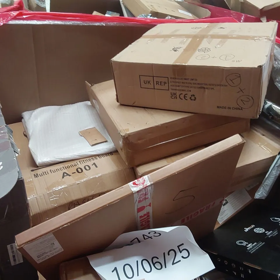 PALLET OF ASSORTED ITEMS INCLUDING: BALANCE SCOOTERS, GLASS ALKALINE WATER COUNTERTOP UNIT, MULTIFUNCTIONAL FITNESS BOARD, VIBRATION PLATE, RETRACTABLE SAFETY GATE ECT