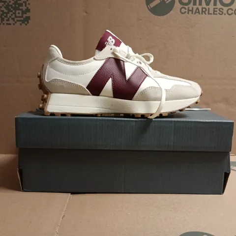 BOXED PAIR OF NEW BALANCE 327 TRAINERS IN WHITE/CREAM/BURGUNDY SIZE UK 5