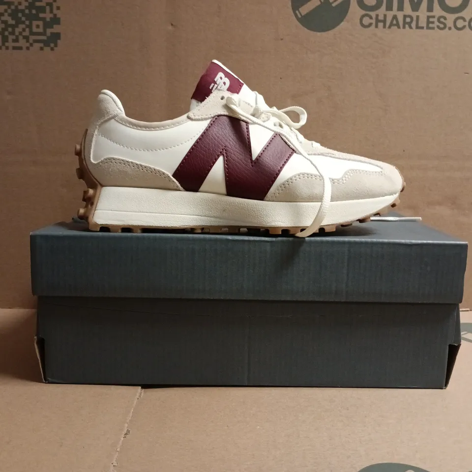 BOXED PAIR OF NEW BALANCE 327 TRAINERS IN WHITE/CREAM/BURGUNDY SIZE UK 5