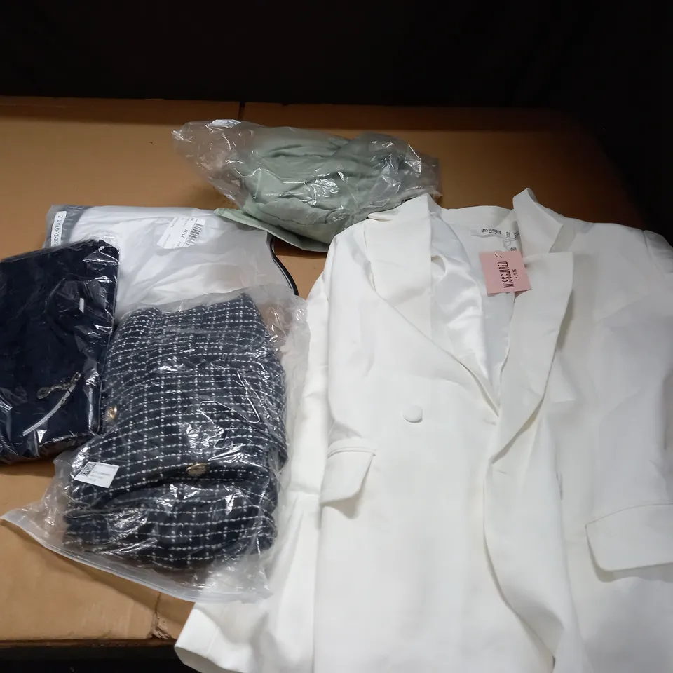 BOX OF ASSORTED CLOTHING ITEMS TO INCLUDE A GREEN TEXTURED TIE FRONT SHIRT, A WHITE MISSGUIDED BLAZER AND A PAIR OF CHERRY 6 TROUSERS