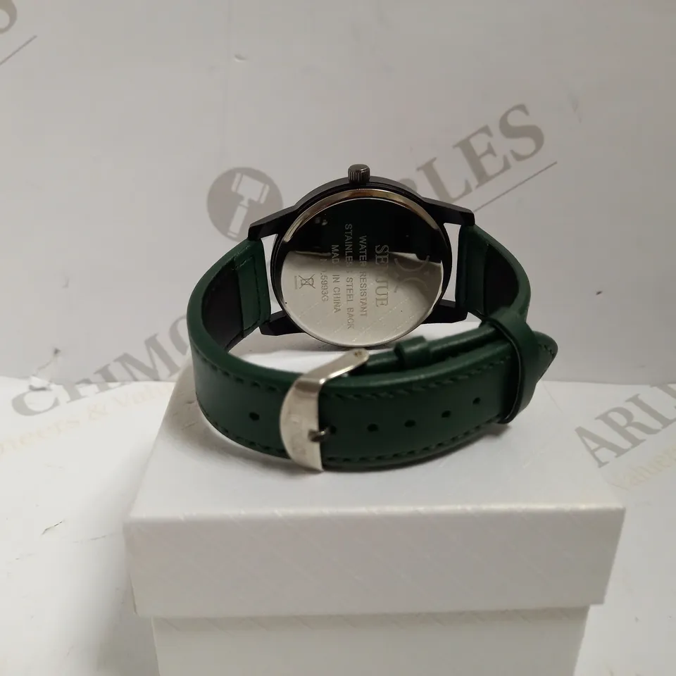 SENJUE TRIPE DIAL WATCH WITH LEATHER EFFECT STRAP - BLACK/GREEN