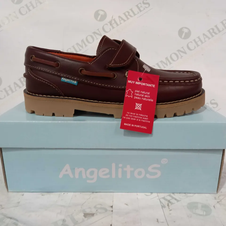 BOXED PAIR OF ANGELITOS VELCRO STRAP LEATHER SHOES IN BROWN EU SIZE 32