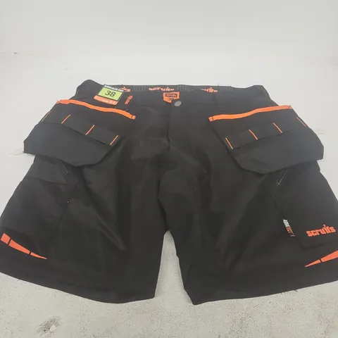 SCRUFFS SILVERTON HOLSTER SHORTS – BLACK WITH ORANGE TRIM, CARGO POCKETS, UK 38