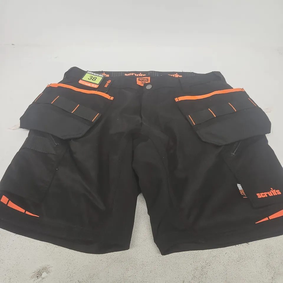 SCRUFFS SILVERTON HOLSTER SHORTS – BLACK WITH ORANGE TRIM, CARGO POCKETS, UK 38