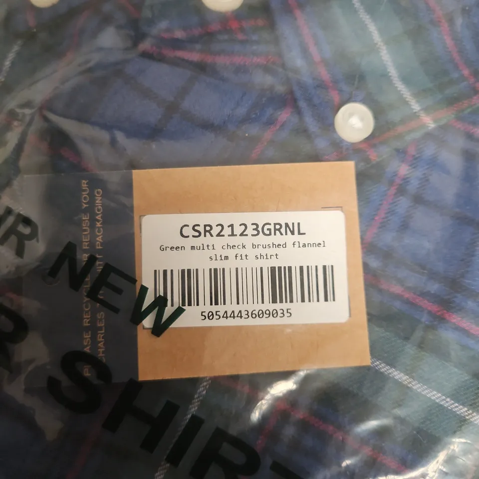 Charles Tyrwhitt Green multi-check brushed flannel shirt, slim fit (CSR2123GRNL)