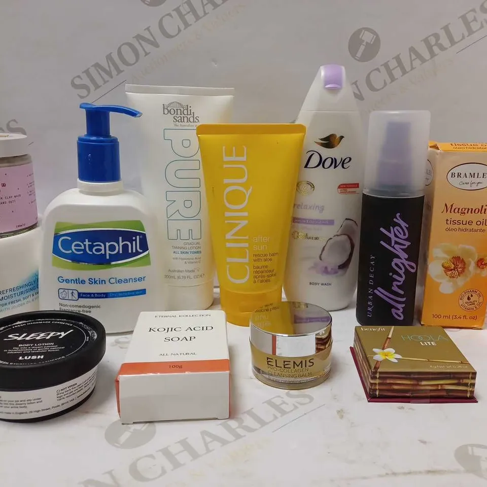 LOT OF APPROX 12 ASSORTED BEAUTY PRODUCTS TO INCLUDE CETAPHIL SKIN CLEANSER, CLINIQUE RESCUE BALM, URBAN DECAY ALL NIGHTER, ETC 