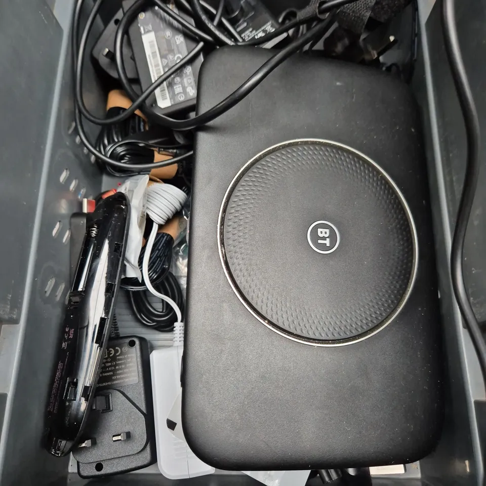 TOTE OF APPROXIMATELY 12 ASSORTED ELECTRICAL PRODUCTS TO INCLUDE - ROUTERS - REMOTES - MOUSE - ETC