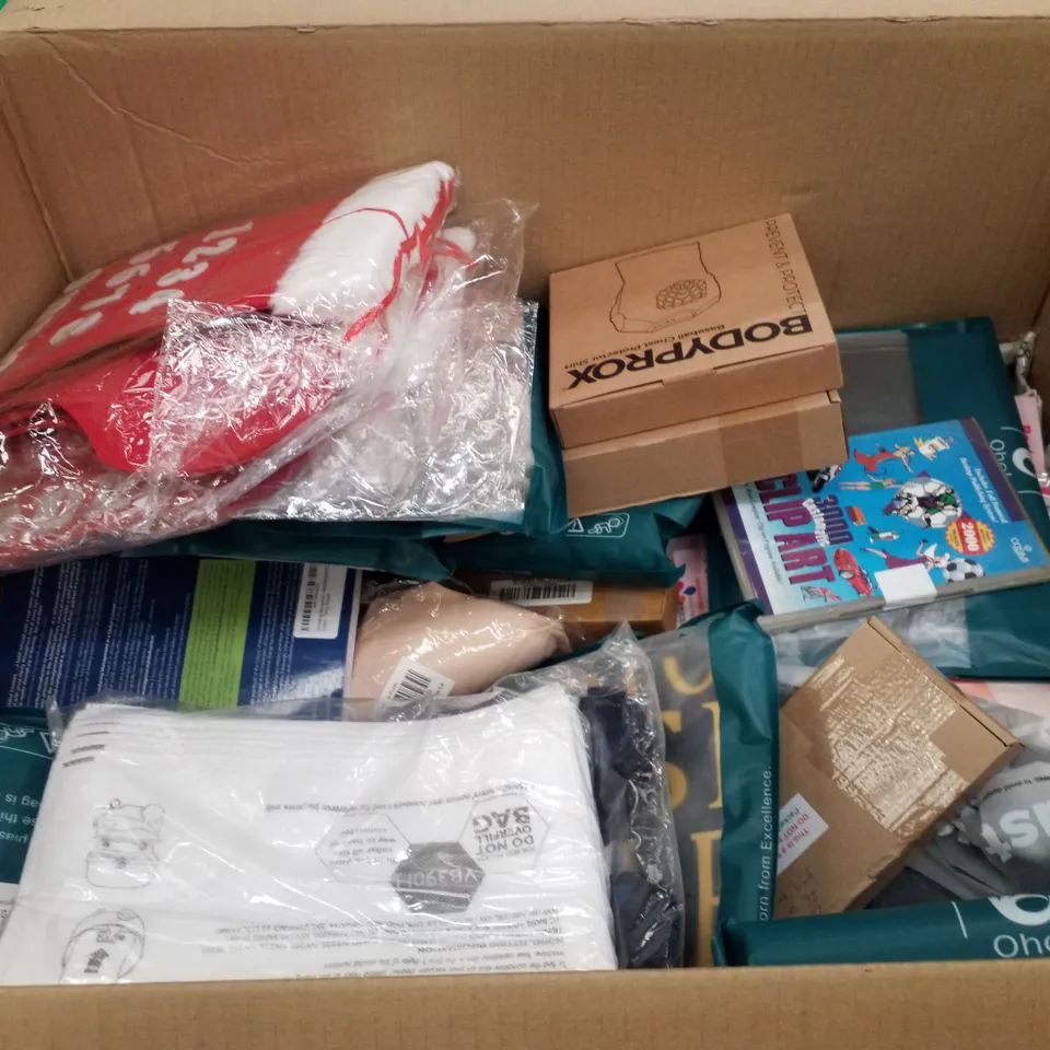 PALLET OF 6 BOXES CONTAINING ASSORTED PRODUCTS INCLUDING BASEBALL CHEST PROTECTOR SHIRT, BALL CAKE TOPPER, DRINK COASTER, PORTABLE BIDET, PAELLA RICE, TYPING TEACHER DVD