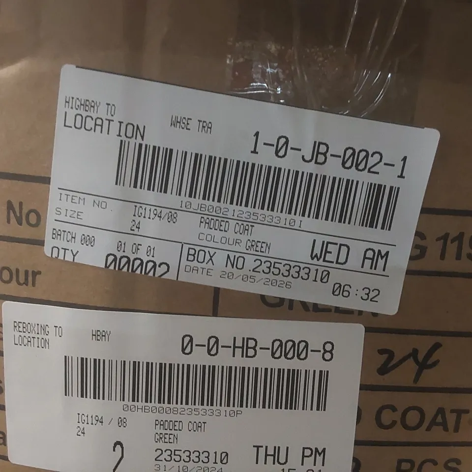 BOX CONTAINING APPROXIMATELY 2x BRAND NEW JD WILLIAMS GREEN PADDED COATS - SIZE 24