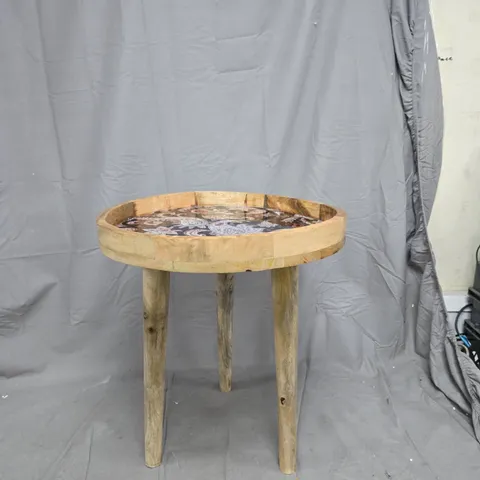 ROUND RUSTIC WOODEN TRIPOD SIDE TABLE WITH FABRIC-LOOK TOP