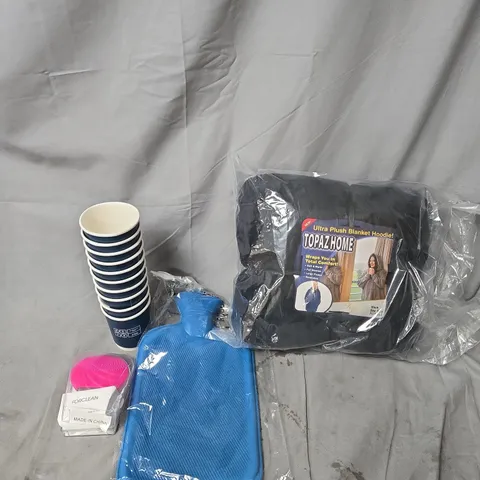 APPROXIMATELY 20 HOUSEHOLD ITEMS TO INCLUDE PAPER CUPS, HOT WATER BOTTLES AND A HOODED BLANKET 