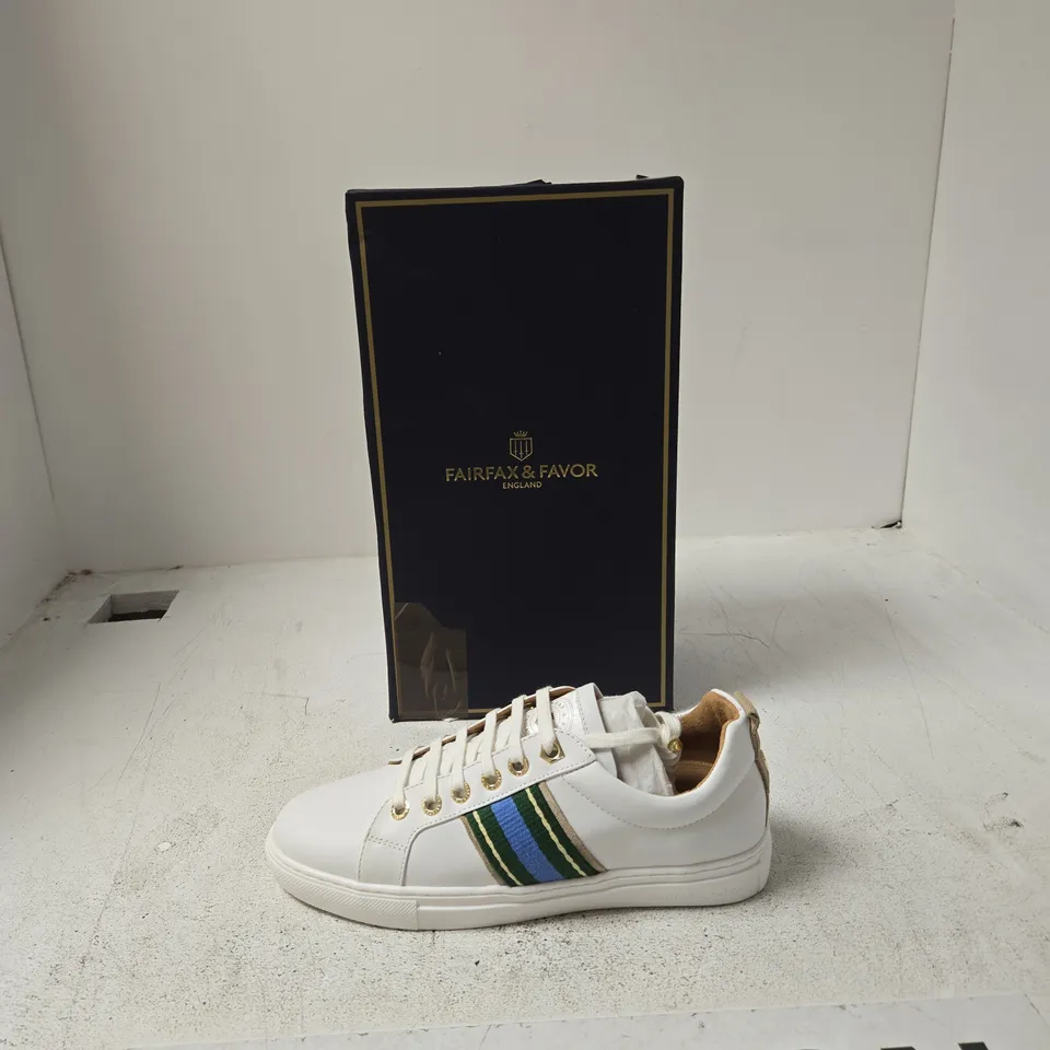 FAIRFAX & FAVOR BOSTON TRAINER – WHITE LEATHER WITH CLOVER GREEN/SKY BLUE, UK 6