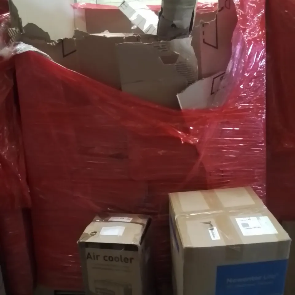 PALLET OF ASSORTED HOUSEHOLD GOODS AND PRODUCTS TO INCLUDE;AIR COOLER,MATTRESS TOPPER,ELLIPTICAL UNDER DESK TRAINER