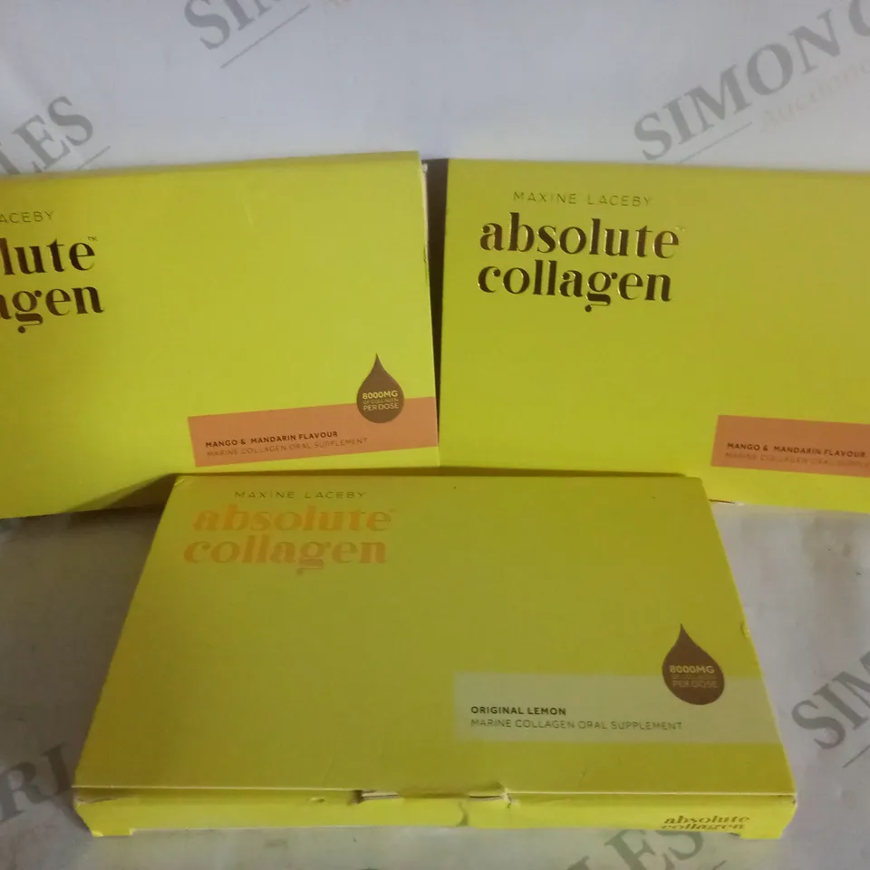 BOX OF 3 MAXINE LACEBY ABSOLUTE COLLAGEN MARINE COLLAGEN ORAL SUPPLEMENTS - 2 X MANGO/MANDERIN & 1 X ORIGINAL LEMON 