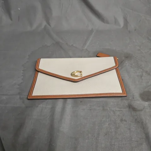 CLUTCH PURSE WITH TAN LEATHER TRIM AND BEIGE CANVAS BODY β CHAIN STRAP