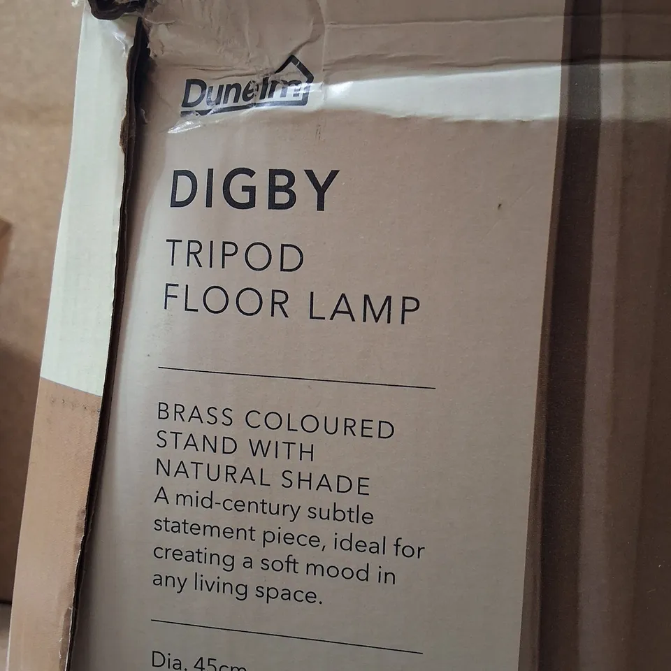 BOXED DUNELM DIGBY TRIPOD FLOOR LAMP – BRASS-COLOURED STAND WITH NATURAL SHADE
